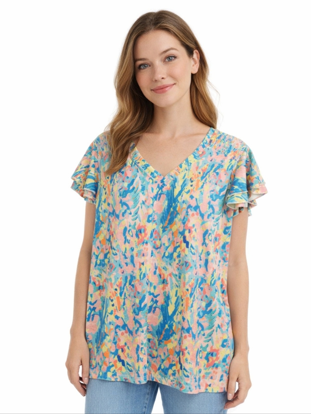 Watercolor Print Flowy Top Petal Sleeves Shirring Colorful Women's L PTP 22"